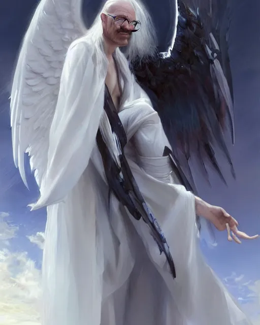 Image similar to walter white winged angel, male!!!!!!!, long white hair, by daniel gerhartz, trending on artstation