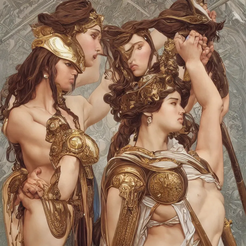 Prompt: symmetry!! intense fanart of 3 / 4 back pose of athena the goddess of war next to aphrodite the goddess of love, intricate, elegant, highly detailed, my rendition, digital painting, artstation, concept art, smooth, sharp focus, illustration, art by artgerm and greg rutkowski and alphonse mucha