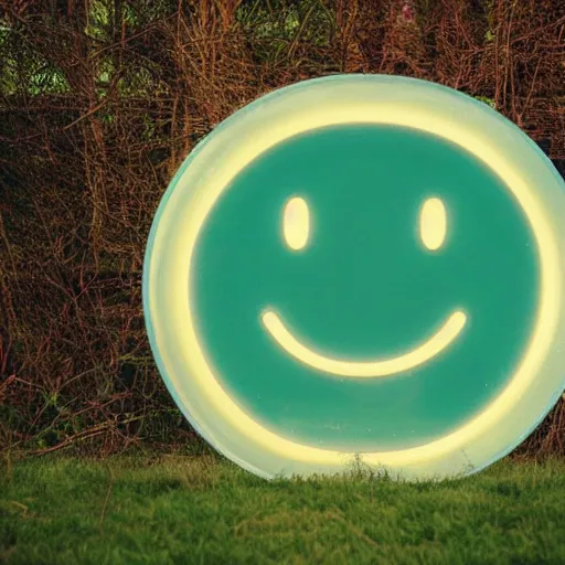 Image similar to a pastel colour Polaroid photo of large smiley face sign made of transparent iridescent perspex stood in a field, nostalgic