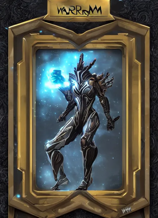 Prompt: warframe with trading card design and ornate border frame, art station, full card design