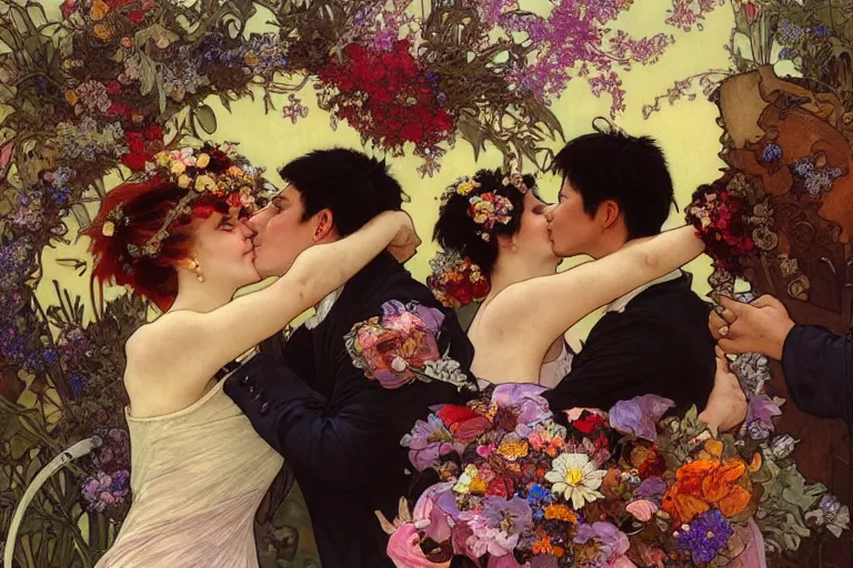 Image similar to the groom kisses the bride at a wedding full of flowers, bright and happy, dreamlike art, highly detail, 4 k realistic, wedding photoy krenz cushart. artem demura. alphonse mucha. yoji shinkawa artgerm. jon lothian. danilo torres. adi meyers. thomas reimann. gaston bussiere.