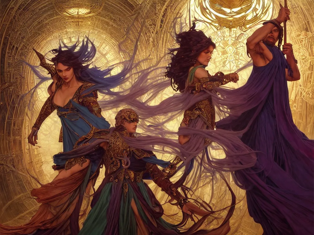 Image similar to painting of powerful stylish sorcerer and a cleric banishing the darkness and its abominations with a rainbow spell, ultra realistic, concept art, intricate details, eerie, highly detailed, photorealistic, octane render, 8 k, unreal engine. art by artgerm and greg rutkowski and magali villeneuve and alphonse mucha