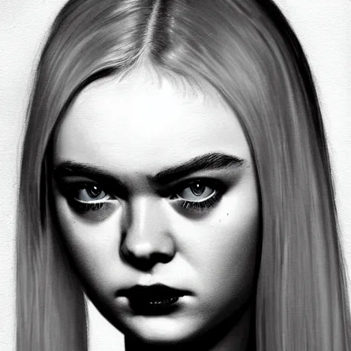 Prompt: a striking hyper real painting of Elle Fanning , dark, metal, occult, by Glyn Smyth