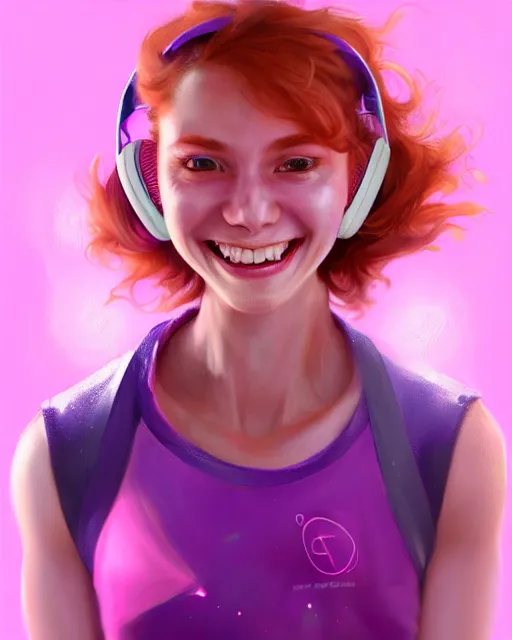 Prompt: cute female gamer smiling with perfect teeth, perfect face, pink headphones, purple halter top, ginger hair, abs, cinematic, stunning, athletic, strong, agile, highly detailed, psychedelic, digital painting, artstation, smooth, hard focus, illustration, art by jessica rossier and and brian froud