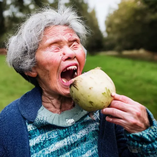 Image similar to elderly woman screaming at a turnip, canon eos r 3, f / 1. 4, iso 2 0 0, 1 / 1 6 0 s, 8 k, raw, unedited, symmetrical balance, wide angle