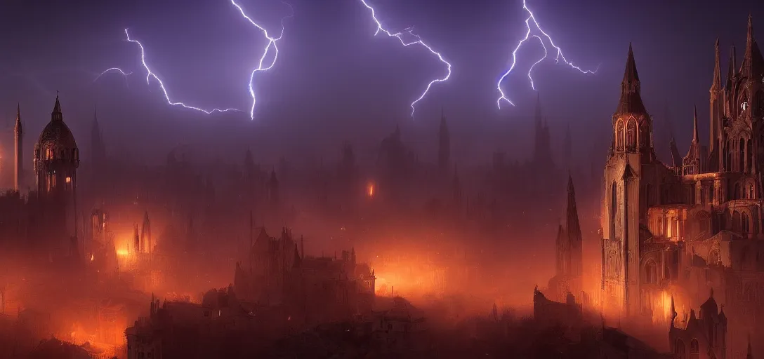 Image similar to view of an abandoned gothic city at night, lightning, glowing fog, castles, cinematic lighting, ultra detailed, sharp, ambient occlusion, raytracing, by greg rutowski, paul chadeisson and jessica rossier