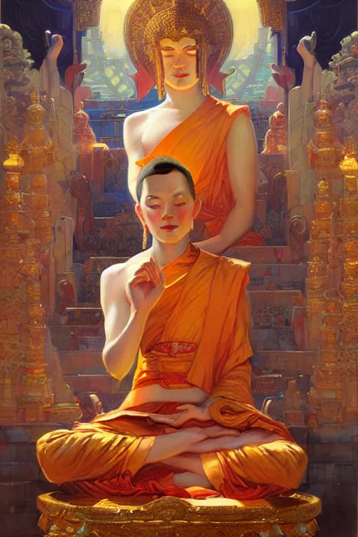 Image similar to buddhism, temple, futurism, painting by gaston bussiere, greg rutkowski, j. c. leyendecker, artgerm