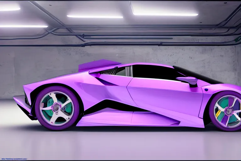 Image similar to cyberpunk purple lamborghini concept inspired sports car, futuristic look, highly detailed body, very expensive, photorealistic camera shot, bright studio setting, studio lighting, crisp quality and light reflections, unreal engine 5 quality render