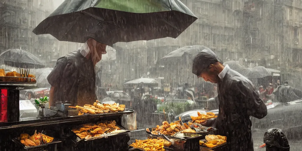 Prompt: Street food vendor prepares your meal as it rains, cozy wallpaper, 4k, trending on Artstation, award-winning, art by Greg Rutkowski