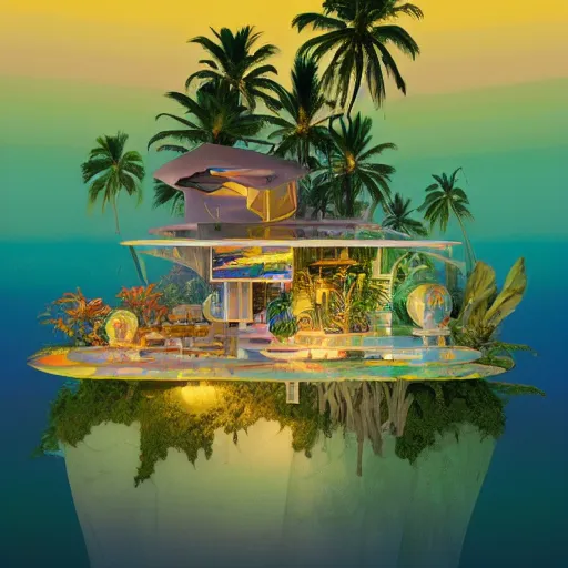 Image similar to a luminescent tropical cottage by paolo eleuteri serpieri and tomer hanuka and chesley bonestell and daniel merriam and tomokazu matsuyama, unreal engine, high resolution render, featured on artstation, octane, 8 k, highly intricate details, vivid colors, vector illustration