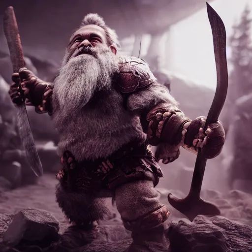 Image similar to a cinematic shot of a dwarf berserker swinging axes, fighting monsters, octane render, hyperreal, 8 k, detailed hands