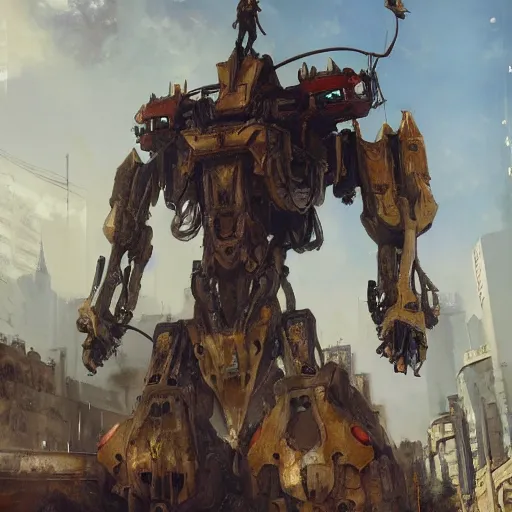 Image similar to six feet tall mech fighting in an urban environment, gaudi, by gaston bussiere, by ismail inceoglu, octane render, by weta digital, cinematic lighting, bump mapped, lumen reflections, action scene screenshot, epic scale