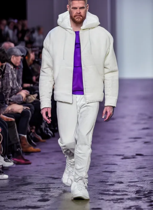 Image similar to hyperrealistic and heavy detailed off white runway show of thanos ( marvel comics ), leica sl 2 5 0 mm, vivid color, high quality, high textured, real life