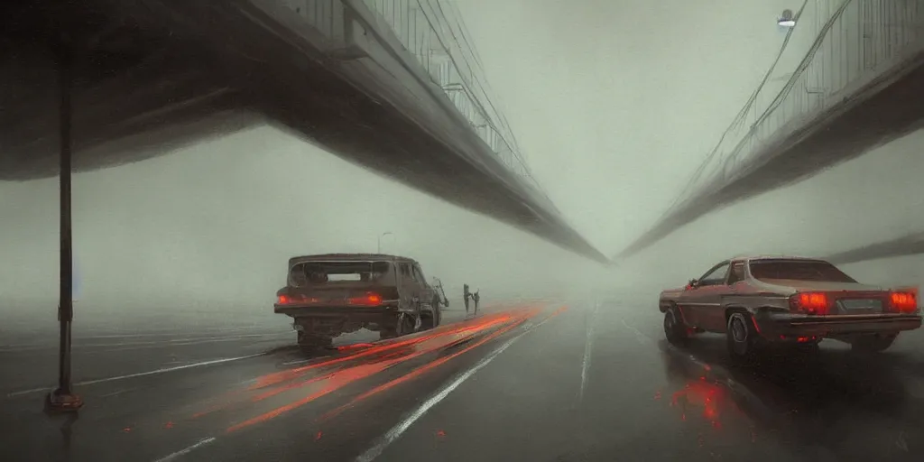 Image similar to a highly detailed epic cinematic concept art CG render digital painting artwork: Japanese highway, fog. By Greg Rutkowski, in the style of Francis Bacon and Syd Mead and Norman Rockwell and Beksinski, open ceiling, highly detailed, painted by Francis Bacon and Edward Hopper, painted by James Gilleard, surrealism, airbrush, Ilya Kuvshinov, WLOP, Stanley Artgerm, very coherent, triadic color scheme, art by Takato Yamamoto and James Jean