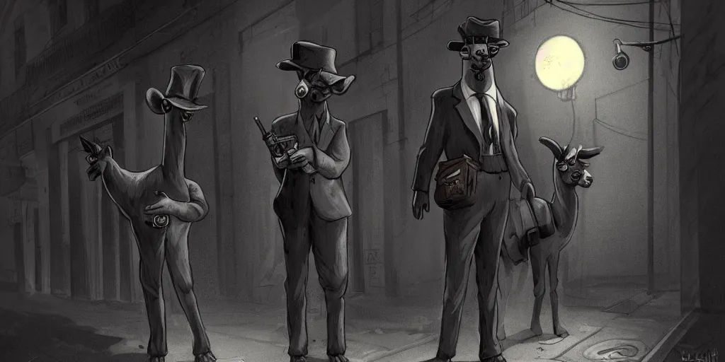 Prompt: a personified anthro llama ( with llama face ) wearing a 1 9 4 0's noire detective outfit, standing in the streets of chicago at night looking at a crime scene, d & d, fantasy, intricate, artstation, sharp focus, illustration, gustave dore, caravaggio,