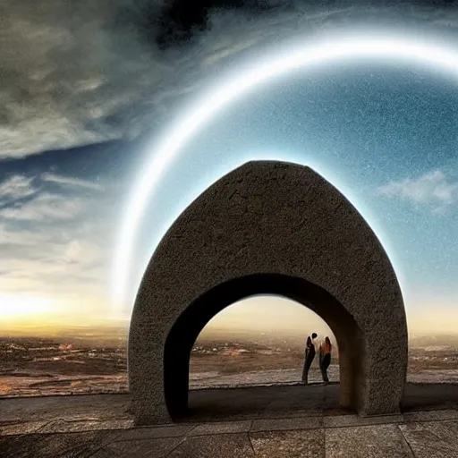 Prompt: stargate made of stone that form a circle, cinematic view, epic sky : : highly detailed