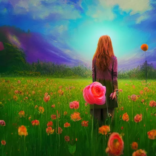 Prompt: girl with a singular flower for a head, surreal photography, dream, standing in flower field, magical, in a valley, sunrise dramatic light, impressionist painting, colorful clouds, artstation, simon stalenhag, flower face