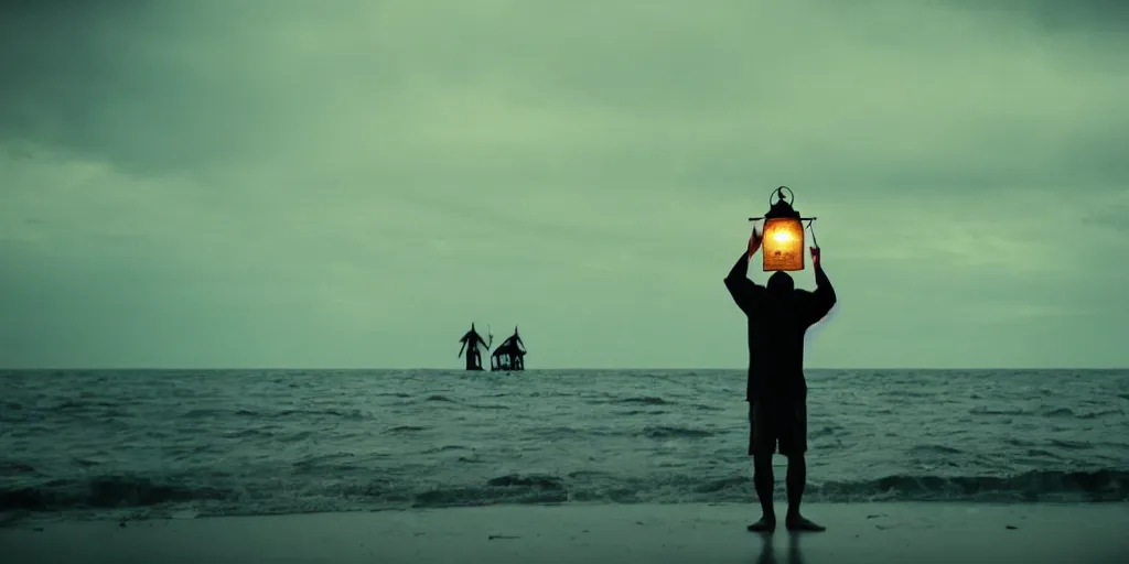 Image similar to film still of closeup old man holding up lantern by his beach hut at night. pirate ship in the ocean by emmanuel lubezki