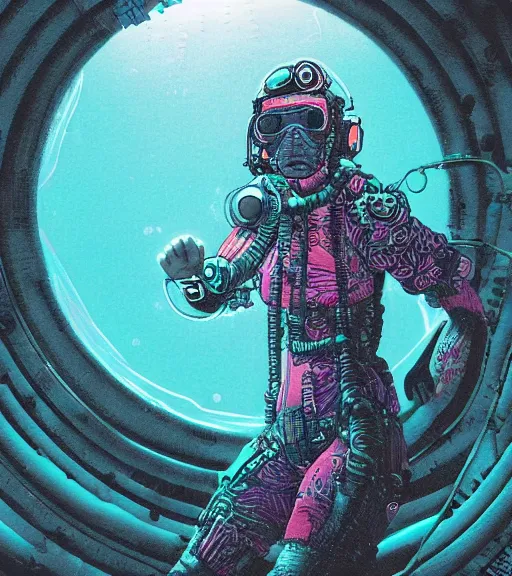 Image similar to a cyberpunk diver Polynesian woman swims through a dark bioluminescent alien coral reef, techwear, Industrial Scifi, detailed illustration, character portrait, by Martin Grip and Moebius