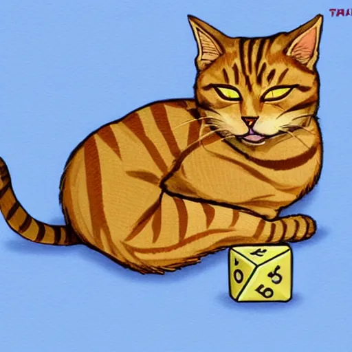 Prompt: tabby cat lying in a sunbeam, the cat is next to a pile of D&D polyhedral dice, the cat is sleeping, Artstation, cozy, golden hour