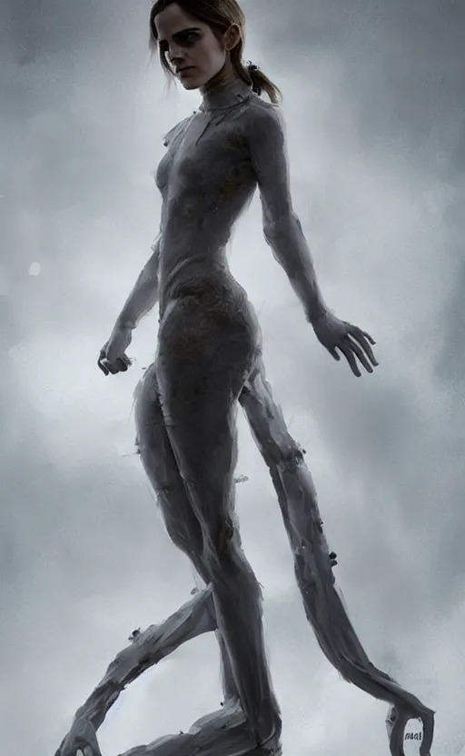 Image similar to emma watson with an very long torso, possibly extra limbs, intricate, detailed, volumetric lighting, digital painting, concept art, by artgerm and greg rutkowski