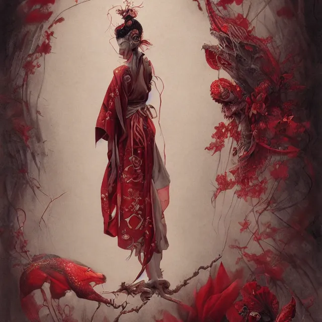 Image similar to ultra realistic illustration, beautiful woman dressed in red kimono, backview, tattoos, in the style of peter mohrbacher by weta digital and beth cavener, high face symmetry, intricate, masterpiece, award winning, high face symmetry, intricate