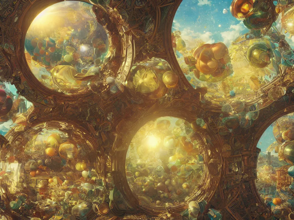 Image similar to 3 d render, sunlight study, the universe is a spheroid region 7 0 5 meters in diameter, art nouveau, by jan davidz de heem and ( ( ( ( ( lisa frank ) ) ) ) ), 8 k, sharp focus, octane render