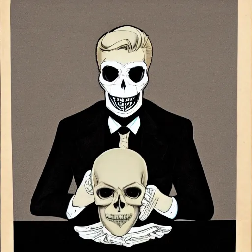 Prompt: portrait of a suited blond with medical gloves and a skull face mask.