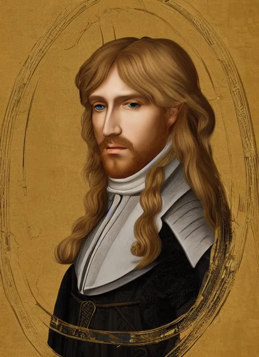 Prompt: portrait of a blond handsome man with long hair in renaissance style, anime inspired, High Res 8K,hyperdetailed