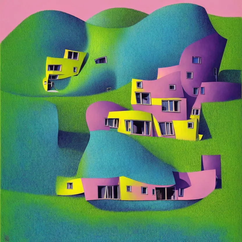 Image similar to surreal glimpse into other universe, a house by frank gehry on an island, summer morning, very coherent and colorful high contrast, art by!!!! gediminas pranckevicius!!!!, geof darrow, floralpunk screen printing woodblock, dark shadows, hard lighting, stipple brush technique,