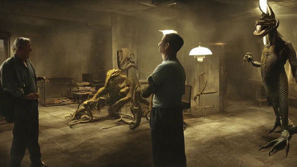 Prompt: a man talking to a draconian humanoid, reptile, reptilian, movie still, cinematic composition, cinematic light, criterion collection, reimagined by industrial light and magic, 4K grain, Movie by David Lynch and Ridley Scott