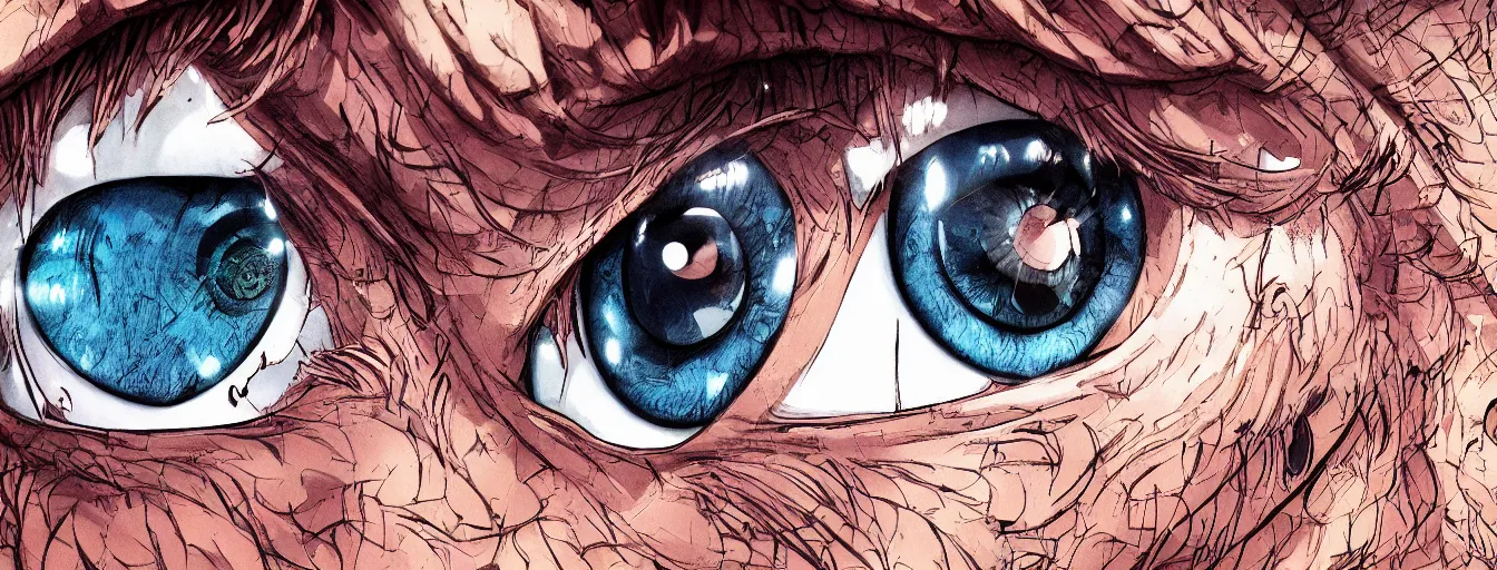 Image similar to close up of two eyes, determined and rage at the futility of life. hyperrealistic anime background illustration by kim jung gi, colorful, extremely detailed intricate linework, smooth, super sharp focus, bright colors, high contrast, matte, octopath traveler, unreal engine 5 highly rendered, global illumination, radiant light