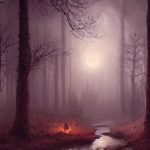 Prompt: a hyper realistic digital painting of a haunted forest, full of details, intricate, night time, volumetric light, full moon, moonglow, dark fantasy, horror, in the style of greg rutkowski