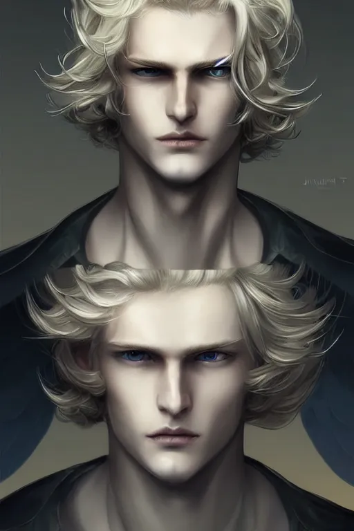 Image similar to digital art of a pale menacing male Cyborg Angel of Battle with fluffy blond curls of hair and piercing eyes, johan liebert mixed with Dante, central composition, he commands the fiery power of resonance and wrath, very very long blond curly hair, baroque curls, by WLOP, Artstation, CGsociety