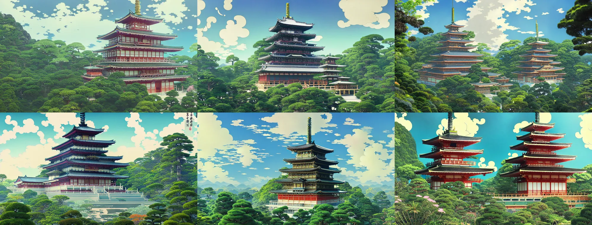 Prompt: misty clouds, japanese buddhist temple with lush plants and secret doors, wes anderson style hotel temple, magic chairlifts. hyper detailed, architectural concept, full building, dynamic angle, intricate, lineart, cerpuscular rays, lily flowers. by yoshitaka amano, alfons mucha and makoto shinkai. 8 k