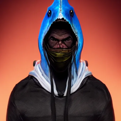 Image similar to a highly detailed, portrait of a man with black hair with a black medical mask, in a hood in the form of a blue shark with white teeth, artstation, DeviantArt, epic, professional, octane render, digital art