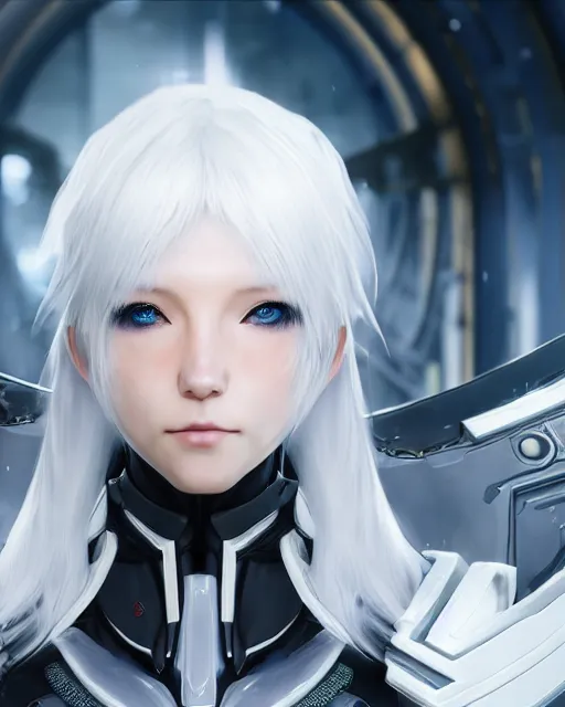 Image similar to perfect white haired girl, warframe armor, beautiful, dreamy, half asian, pretty face, blue eyes, detailed, sunny day, scifi platform, front lit, laboratory, experiment, 4 k, ultra realistic, epic lighting, cinematic, high detail, masterpiece, by masayoshi tanaka, akihiko yoshida, kazuya takahashi