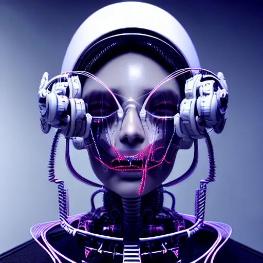Image similar to portrait of an absurdly beautiful, graceful, sophisticated, fashionable cyberpunk mechanoid, wires, machines, skulls, digital displays, hyperdetailed illustration by irakli nadar and alexandre ferra, intricate linework, white porcelain skin, vr headset, unreal engine 5 highly rendered, global illumination, radiant light, detailed and intricate environment