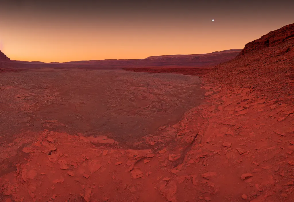 Image similar to a river bend running through a canyon surrounded by desert mountains at sunset on mars, planet mars, moab, utah, ground - level, a tilt shift photo by frederic church, trending on unsplash, hudson river school, photo taken with provia, national geographic photo