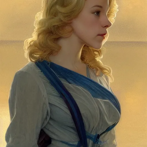 Image similar to Young blonde Rachel McAdams, highly detailed, digital painting, artstation, concept art, smooth, sharp focus, illustration, ArtStation, art by artgerm and greg rutkowski and alphonse mucha and J. C. Leyendecker and Edmund Blair Leighton and Katsuhiro Otomo and Geof Darrow and Phil hale and Ashley wood and Ilya repin and Charlie Bowater