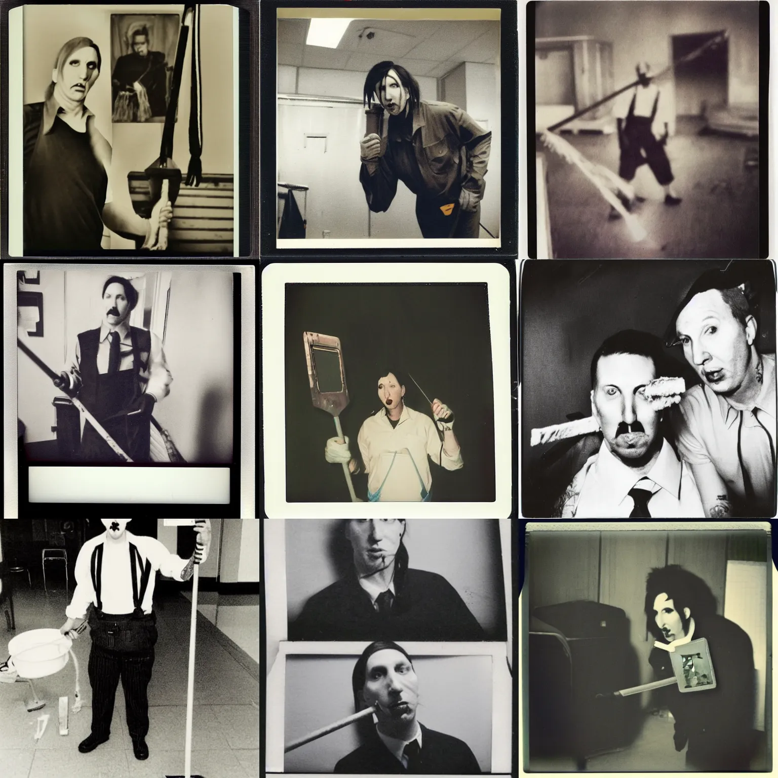 Prompt: polaroid photo, selfie, Marilyn Manson working as a janitor, holding a mop, looking annoyed