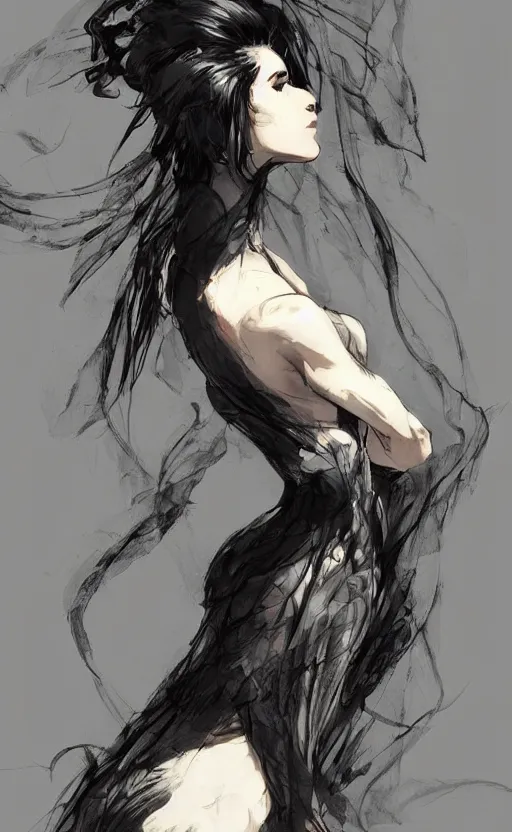 Prompt: a woman sitting in a long gown, her back is to us completely, pinterest hair picture, back of the hair, long In style of Yoji Shinkawa and Hyung-tae Kim, concept art, highly detailed