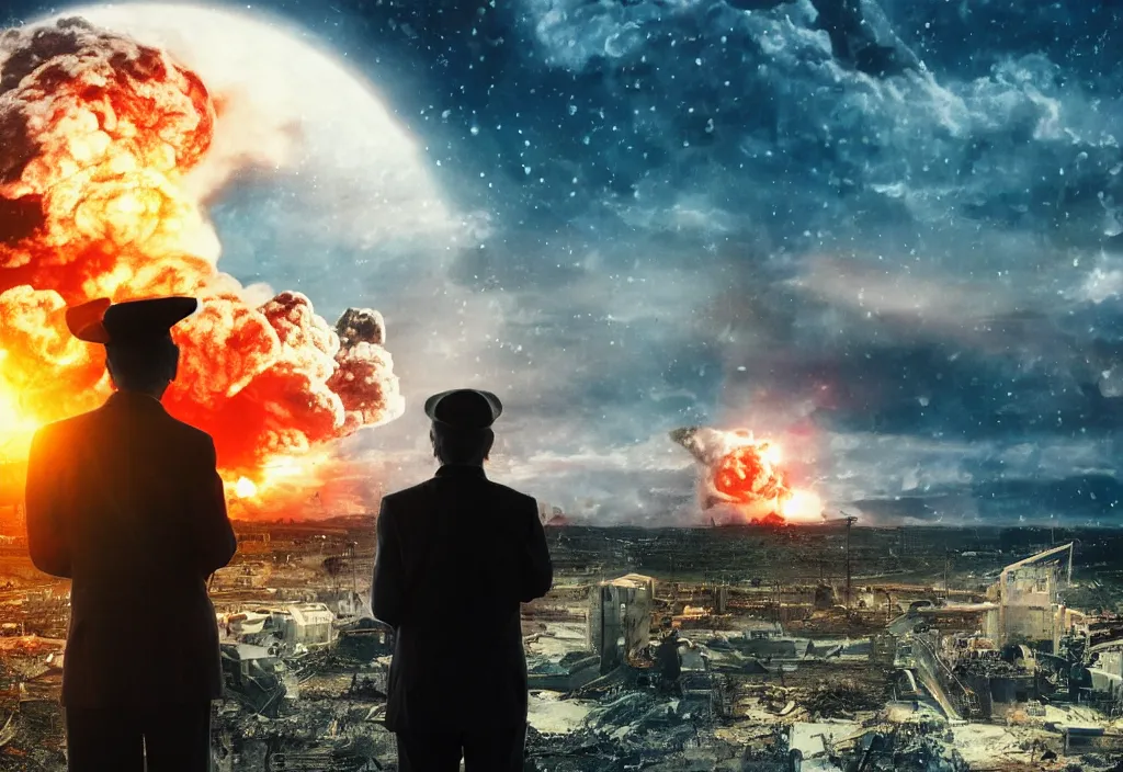 Image similar to old man with ( black cat ) watching nuke explosion cinematic, background blur bokeh, world ending nuke, 4 k