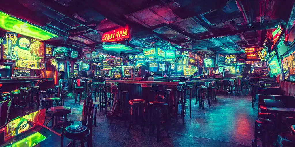 Image similar to a high quality wide angle photo inside the dive bar of a futuristic cyberpunk city, dark, crowded, drinks, dancing, neon lights, realism, 8k