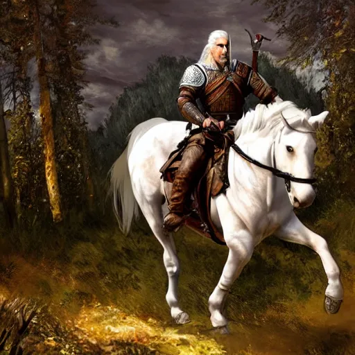 Prompt: geralt of rivia wearing riding a horse through a dark forest, highly detailed, oil painting