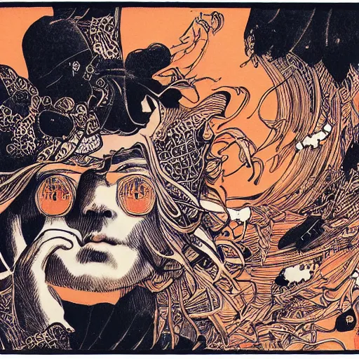 Prompt: amazing, pen, loosely cross hatched, ink, orange background, illustration by Terada Katsuya, koji morimoto, tatsuyuki tanaka