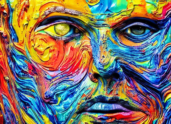 Image similar to still shot close up footage of a human head made of acrylic pour and splashing paint and dripping paint, thick impasto paint, embossed paint, big flying chunks of paint, motion blur, hyperrealistic, medical, intricate art photography, anatomically correct, realistic crisp textures, 1 6 k