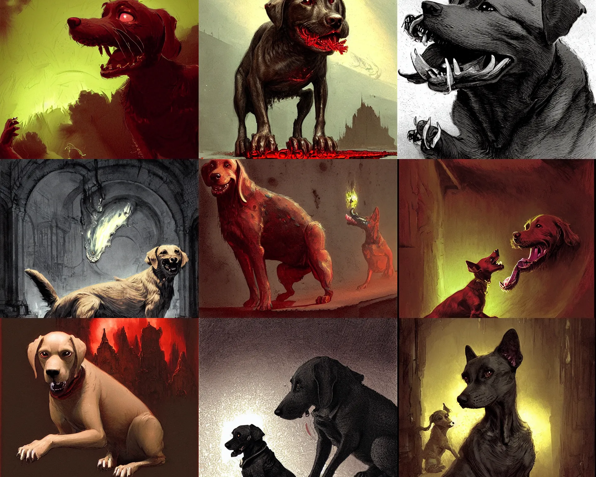 Prompt: the dog, crouched and dancing ten feet off, barked, barked, barked again. dim light slathered canine tongue and teeth. its eyes ( he swallowed, hard ) were glistening red, without white or pupil, smooth as crimson glass. by marc simonetti, hugh ferriss, james paick, greg rutkowski, aaron horkey