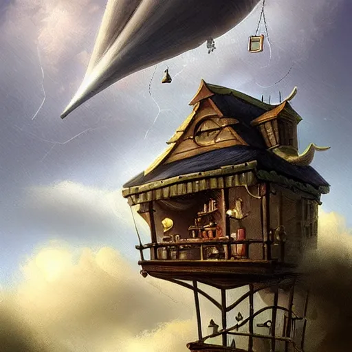 Prompt: a woman locks up her magical shop in the clouds, as an airship awaits in the distance to carry her home for the weekend