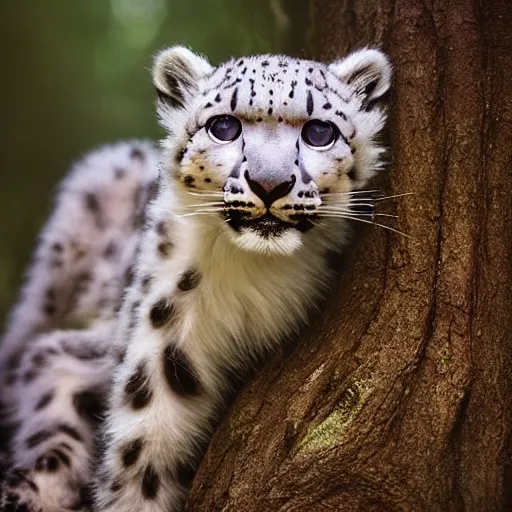 Prompt: very very very very very cute chibi baby snow leopard, portrait, pixar style, forest background, cinematic lighting, award winning creature portrait photography